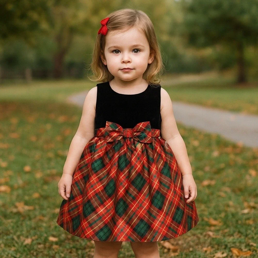 Gymboree Girls 3T‎ Dress Velvet Plaid Holiday Sparkle Bow Party Special Occasion